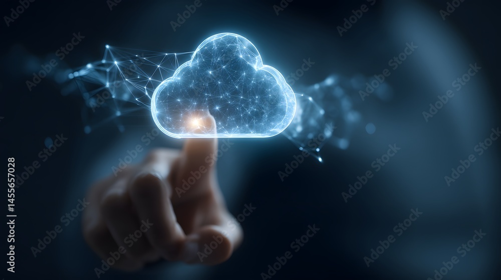 Cloud Computing Concept Holographic Illustration of Hand Touching Digital Cloud Icon With Network Connections Data and Transformation Global Structure Connectivity Cloud Computing Concept Holographic Illustration of Hand Touching Digital Cloud Icon With Network Connections Data and Transformation Global Structure Connectivity