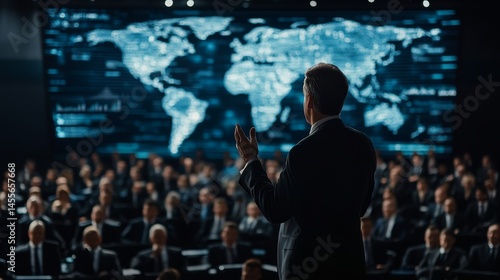 Global Conference on Technology and Innovation Taking Place With a Speaker Addressing a Captivated Audience in a Futuristic Venue