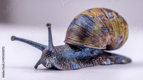Realistic garden snail with intricate body textures moves slowly on a clean white surface, emphasizing its natural details in close-up view with copy space available photo