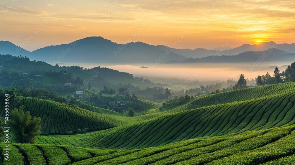 Fototapeta premium Expansive Tea Plantation Landscape at Dawn Surrounded by Misty Mountains and Lush Greenery in a Serene Atmosphere