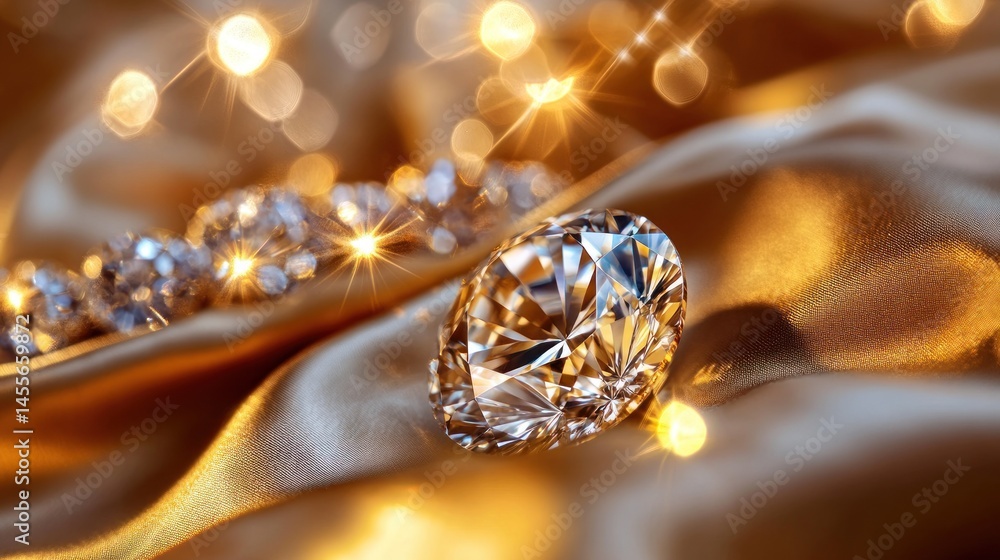 Fototapeta premium Large sparkling diamond on golden satin background