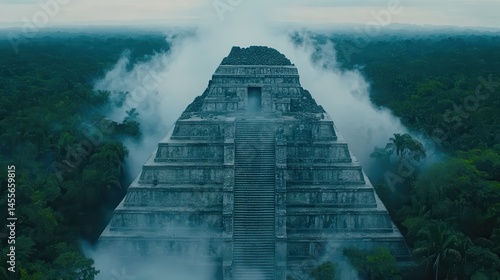 Mystical temple shrouded in mist atop verdant rainforest canopy evokes ancient civilization lost in the depths of the jungle