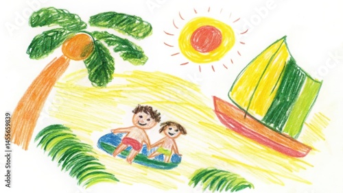 Childs drawing of summer beach scene with kids palm tree and sailboat art