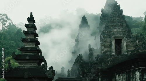 Mystical temple complex shrouded in mist amidst lush green hills creates a serene atmospheric view depicting cultural richness and heritage