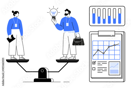 Two individuals on a scale representing balance, idea lightbulb, bar chart, clipboard with analytics. Ideal for teamwork, equality, decision-making, innovation, data analysis business strategy