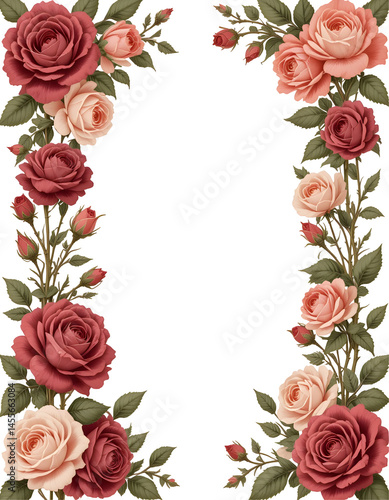 Beautiful Rose Frame Border with Copy Space PNG on Transparent Background, for Floral Design, Romantic Themes, Invitations, Weddings, Valentine’s Day, and Decorative Concepts Designs