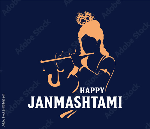 Lord Krishna Janmashtami  typography Vector Silhouette | Flute Playing Krishna Artwork | Happy Janmashtami Hindu Festival Design .
