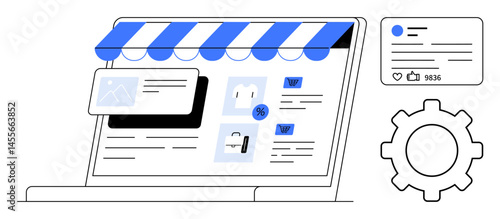 E-commerce setup with storefront, shopping cart, product icons, marketing feed, and gear icon. Ideal for online shopping, marketing process, product listing, web management website settings retail