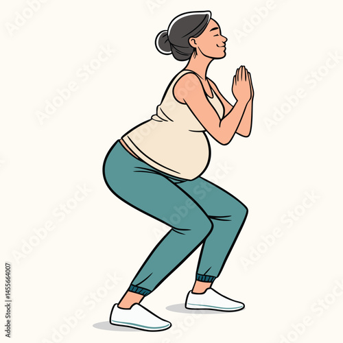 Pregnant woman doing yoga pose with hands in prayer position vector illustration