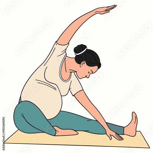 Pregnant woman stretching on a yoga mat illustration art vector illustration