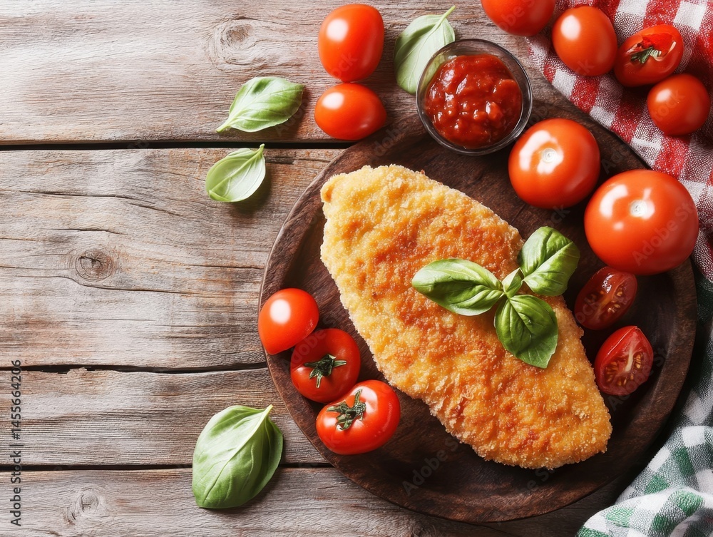 Crispy chicken cutlet with fresh tomatoes and basil on a rustic wooden table background, top view Crispy chicken cutlet with fresh tomatoes and basil on a rustic wooden table background, top view