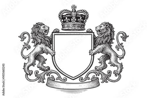 lion coat of arms shield woodcut engraving vector illustration
