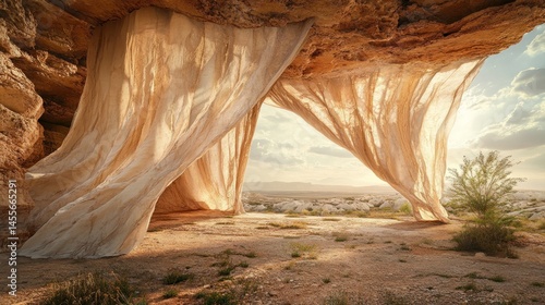Sheer curtain framing desert landscape sunlit rock alcove dramatic fabric drapes openness serenity