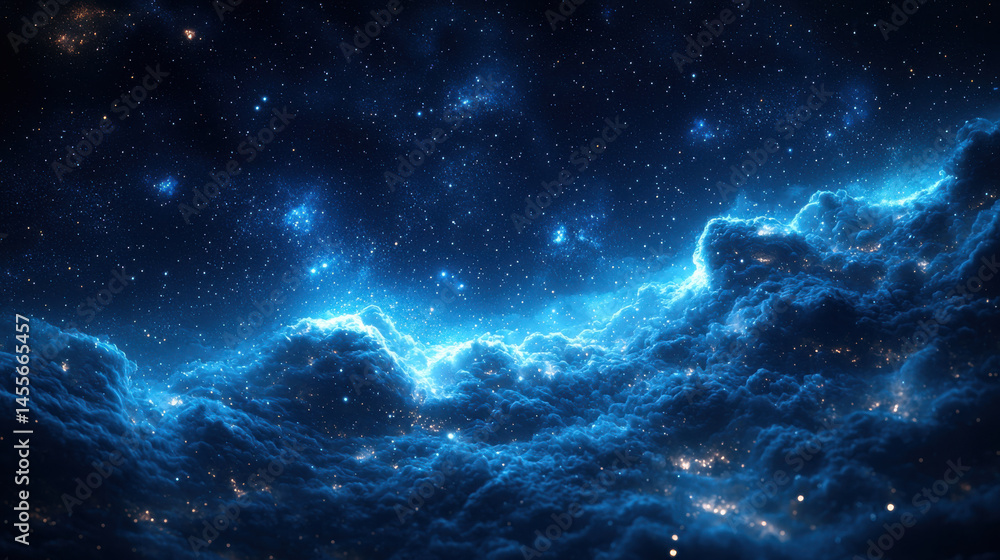 Fototapeta premium A canvas of midnight blue, studded with diamonds of light, where countless stars winked in a cosmic ballet, their brilliance illuminated by a soft, ethereal glow 