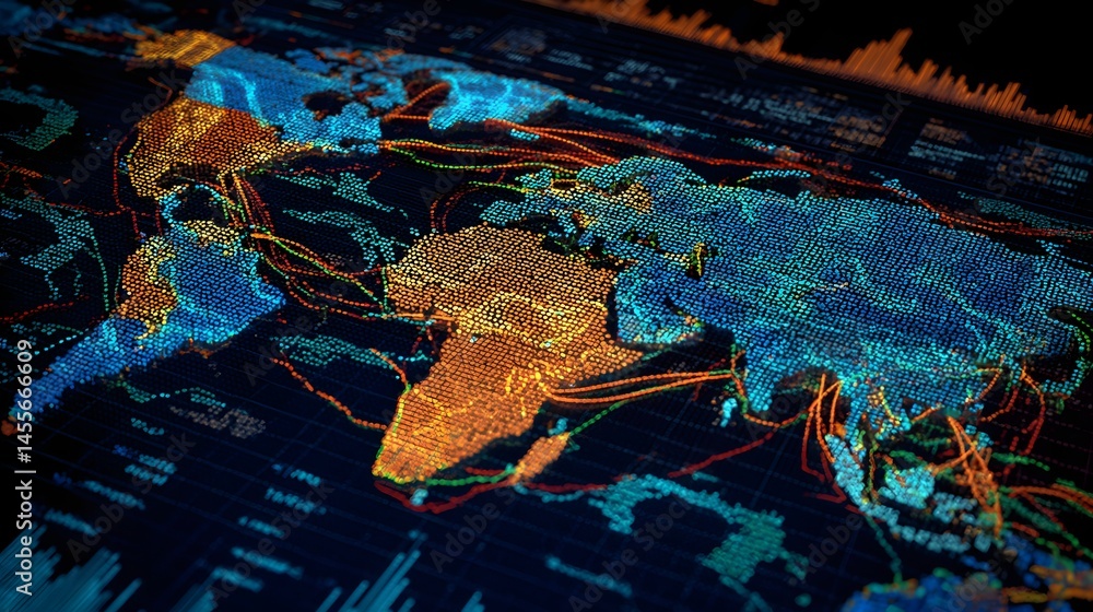 Naklejka premium A Stunning High-Tech World Map Illustration Forming a Modern Digital Backdrop for Business Presentations Tech Wallpapers and Futuristic Concepts Around Globalization and Digital Transformation