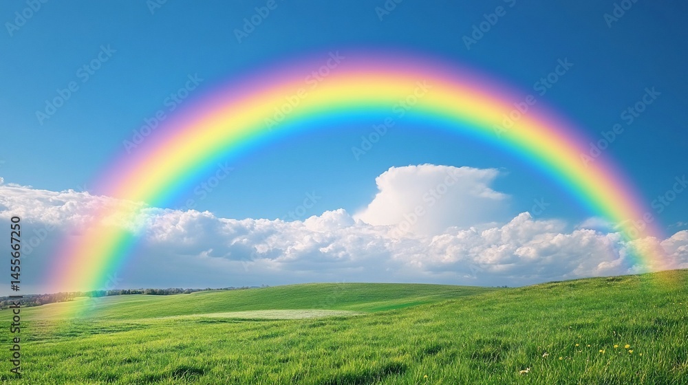 Obraz premium Vibrant Rainbow Arches Over Lush Green Meadow Under a Blue Sky