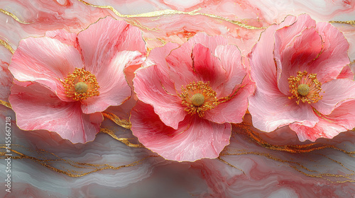 A canvas of opalescent pink marble marbled with gold lines, where delicate flower blossoms swirl in a symphony of color and texture, evoking a sense of luxurious elegance and artistic brilliance 