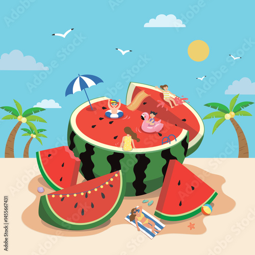 Vector illustration of people swimming with watermelons in the summer tropical background