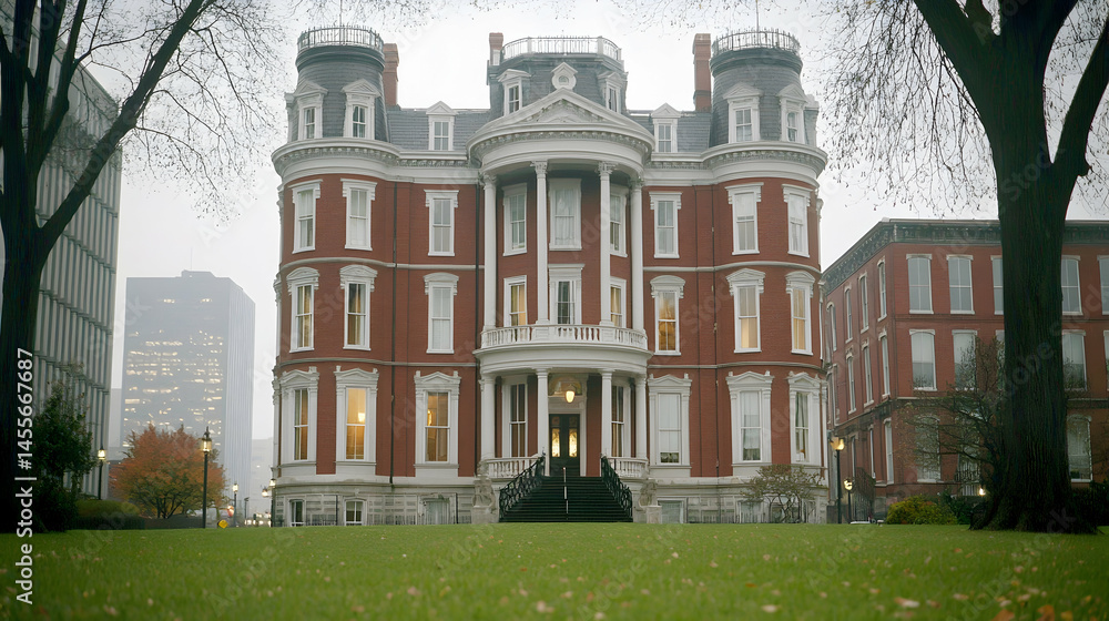 Naklejka premium Historic red brick mansion, autumn day, city background, architectural detail, ideal for real estate