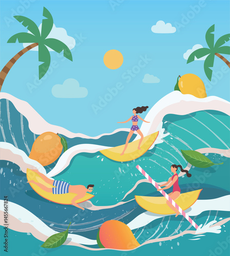 Summer Vector Illustration of Surfers in Mango and Waves