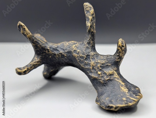 Abstract Bronze Sculpture with Textured Surface and Branch-like Projections on Gray Backdrop