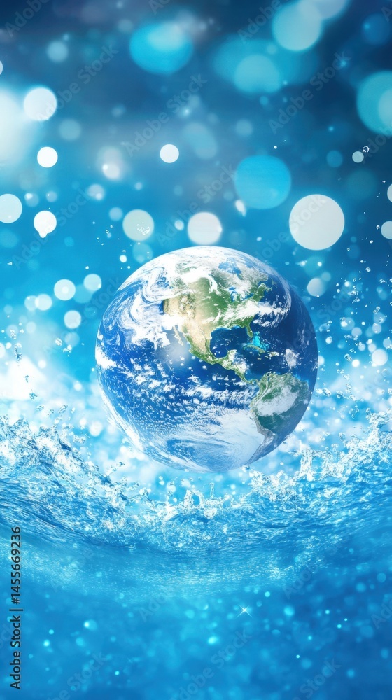 Planet Earth rising from the ocean with bokeh lights background for environmental concept Planet Earth rising from the ocean with bokeh lights background for environmental concept