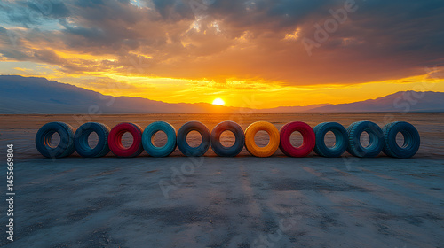 Row of colorful tires forming wall at sunset in a desert environment