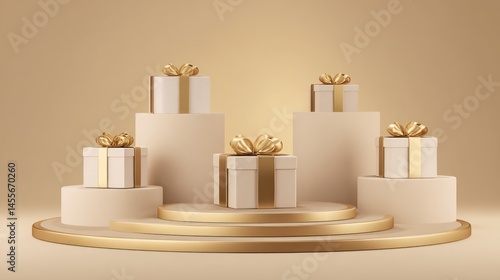 Beige podiums display several gift boxes with gold ribbons