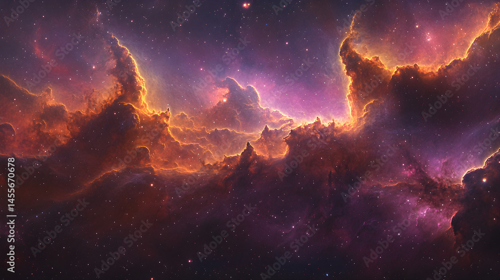 Vast cosmic nebula in hues of purple and pink with distant planet detail Vast cosmic nebula in hues of purple and pink with distant planet detail
