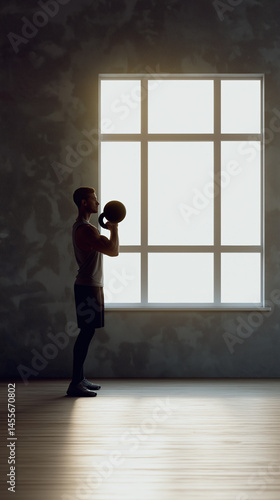 Artistic silhouette of a male athlete lifting a kettlebell by a large window, showcasing strength and determination in a minimalistic workout space