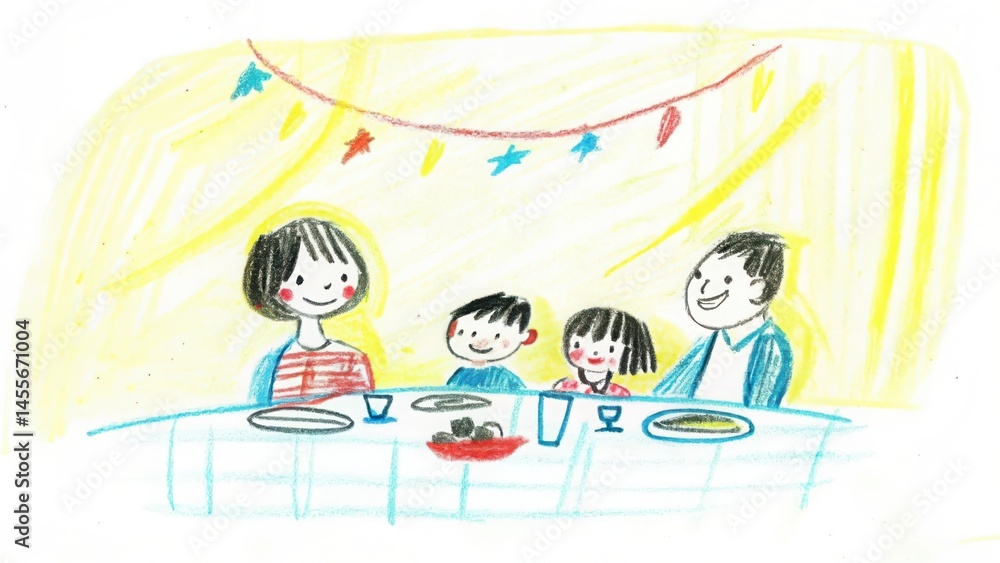 Fototapeta premium Family dinner illustration happy family mealtime drawing with kids and parents