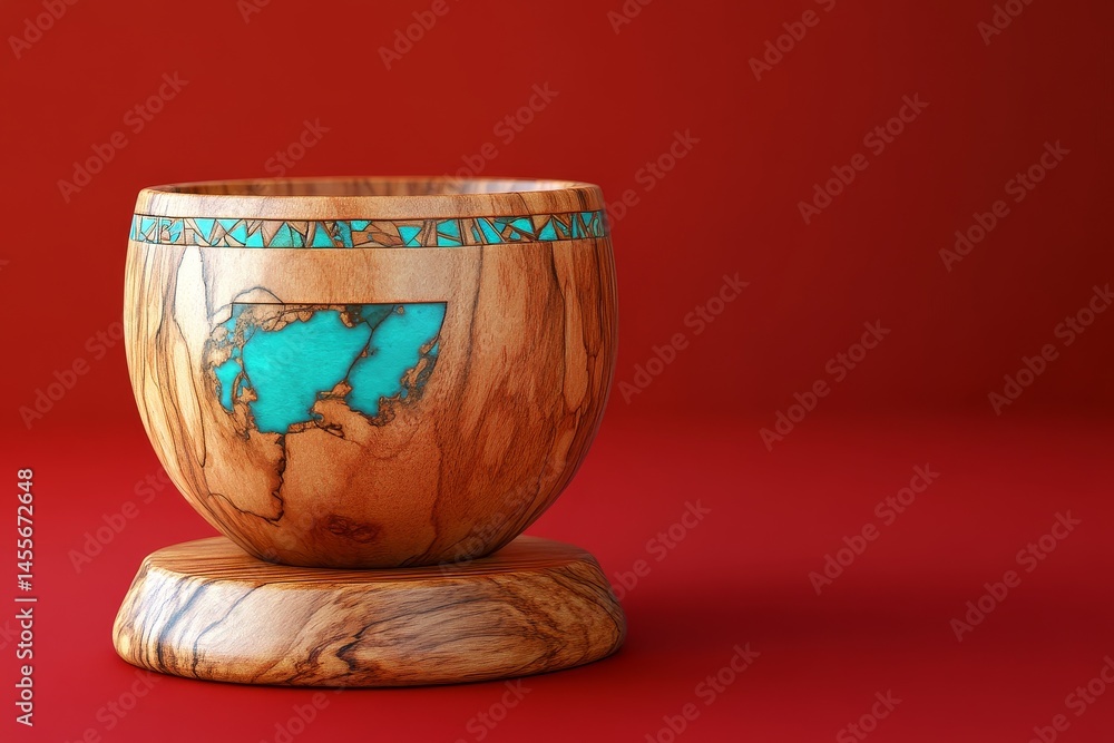 Intricate wooden bowl adorned with turquoise inlay. Intricate wooden bowl adorned with turquoise inlay.