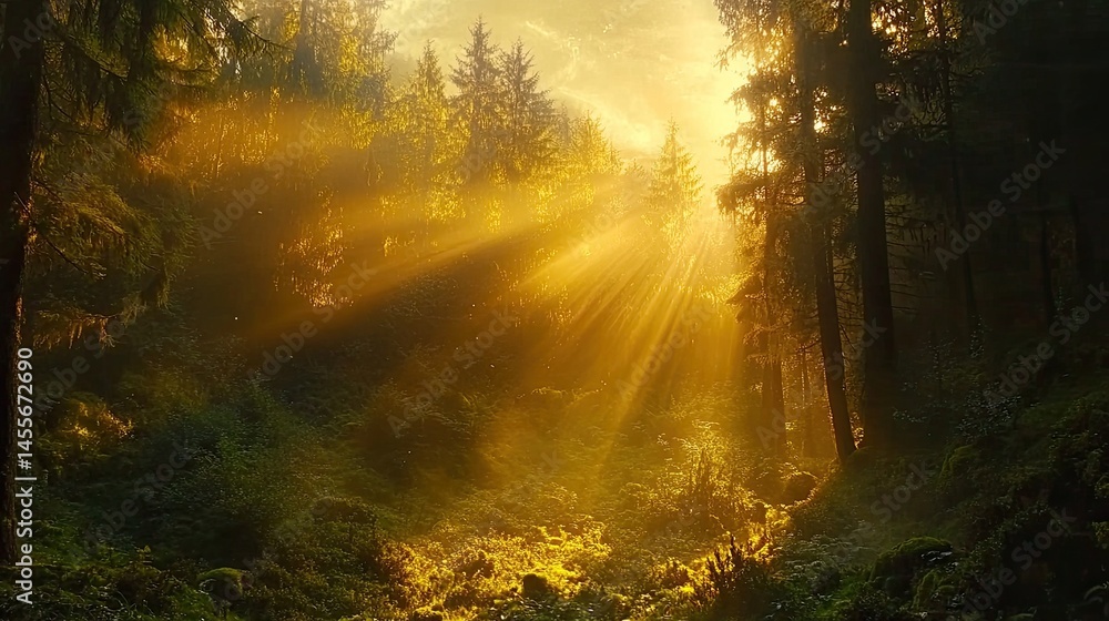 Golden Sunlight Streams Through Forest Golden Sunlight Streams Through Forest