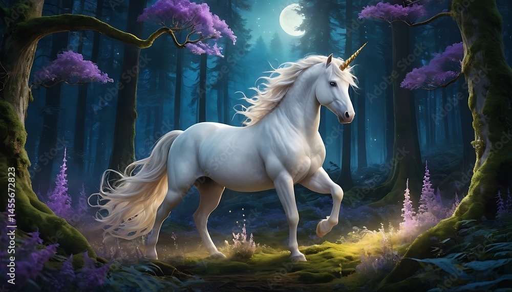 Naklejka premium White Horse Walking in a Mystical Forest with a Moonlit Sky