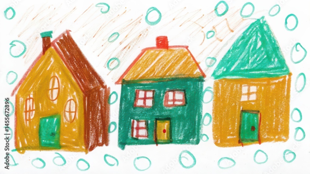 Naklejka premium Crayon drawing of houses in winter scene colorful kids art illustration