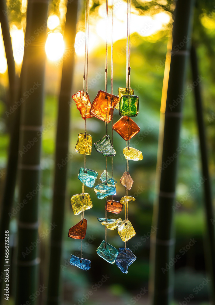 Naklejka premium Colored Glass Wind Chime Swaying with Light and Reflective Fragments