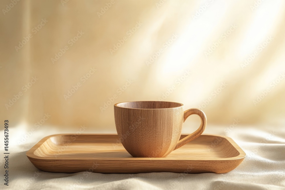 Obraz premium Wooden cup and tray on a pale backdrop.
