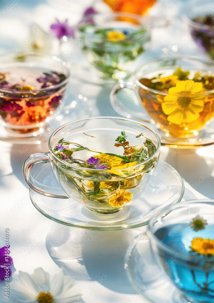 Glass Tea Cups Mid-Pour with Swirling Streams of Vibrant Colored Liquid Glass Tea Cups Mid-Pour with Swirling Streams of Vibrant Colored Liquid