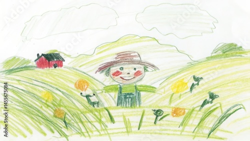 Children's drawing of a scarecrow on a farm with a house and green fields