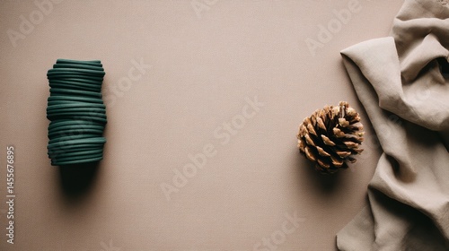 A flat lay composition features a coiled forest-green canvas belt paired with a pinecone and soft linen cloth, creating a natural, textured arrangement on beige