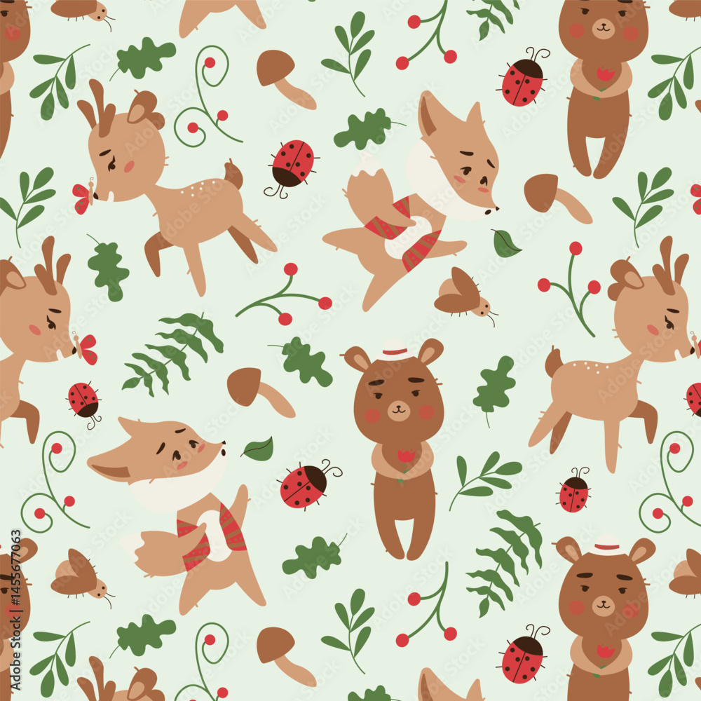 Obraz premium Seamless pattern with deer, fox, bear, twigs and leaves. Ideal for textiles, wallpapers or prints.
