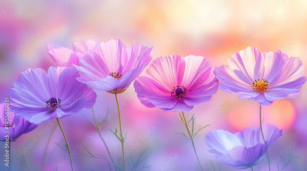 Fototapeta premium Delicate Pink Cosmos Blossoms in Soft Light
