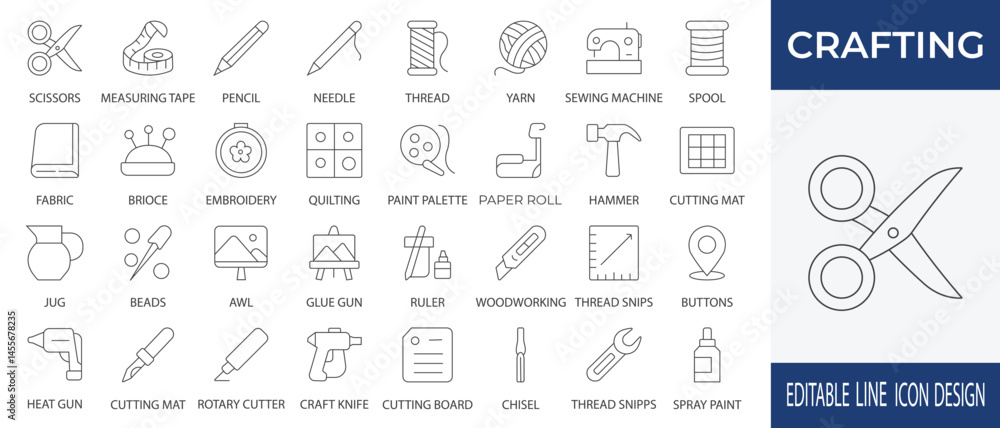 A comprehensive vector icon set featuring essential crafting tools and materials. Includes detailed illustrations of scissors, sewing machine, embroidery tools and various DIY elements A comprehensive vector icon set featuring essential crafting tools and materials. Includes detailed illustrations of scissors, sewing machine, embroidery tools and various DIY elements