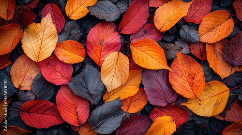 A carpet of fiery orange and crimson leaves, like fallen autumn jewels, scattered across the cool, carpeted ground 