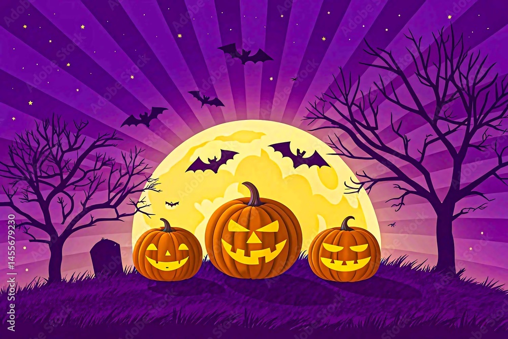 Fototapeta premium Halloween night scene with glowing pumpkins full moon flying bats spooky trees and starry purple sky 