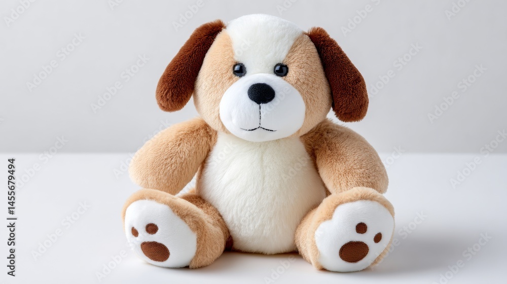 Fluffy plush figurine of a small dog breed sits in a front-facing position on a clean white background, creating an inviting and adorable display Fluffy plush figurine of a small dog breed sits in a front-facing position on a clean white background, creating an inviting and adorable display