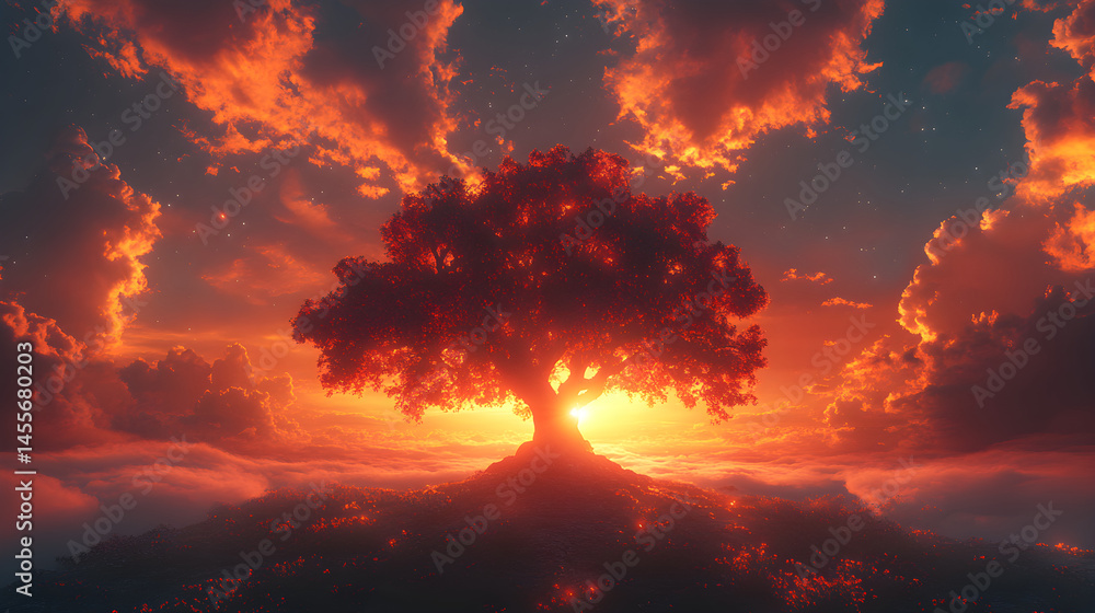Fototapeta premium Silhouetted fantasy tree under dramatic glowing sunset clouds, HD realistic