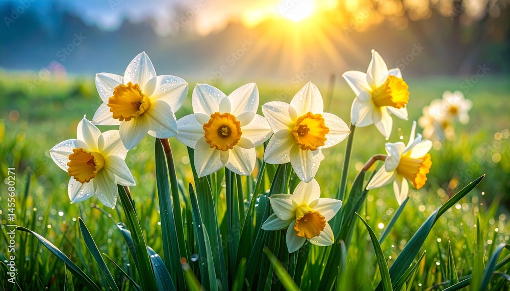 Obraz premium White and Yellow Daffodils in Dewy Green Grass at Sunrise