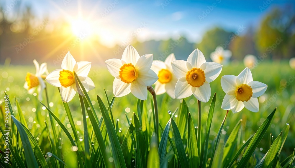 Fototapeta premium White and Yellow Daffodils in Dewy Green Grass at Sunrise