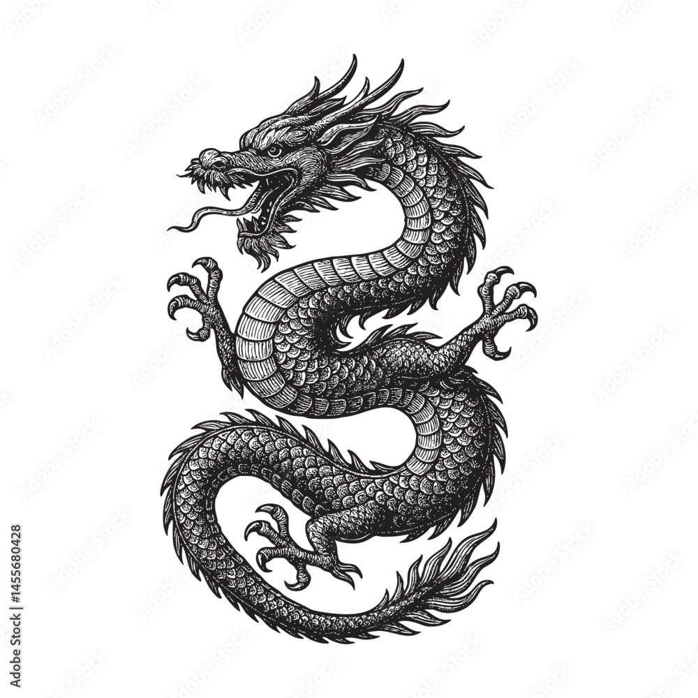 Fototapeta premium Chinese Dragon woodcut engraving vector illustration